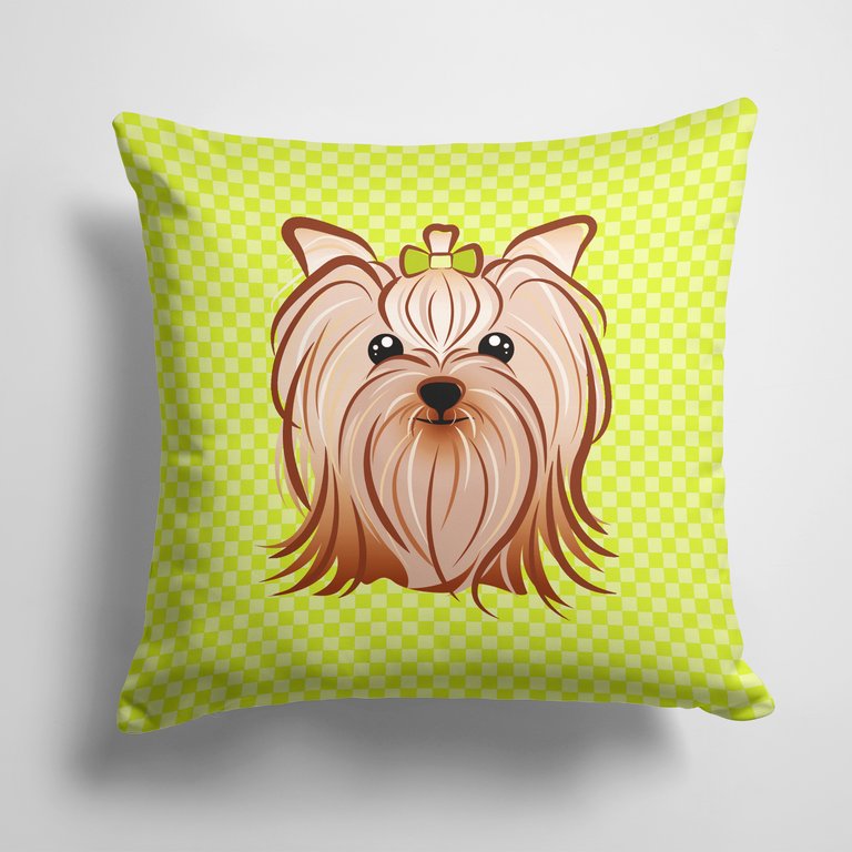 14 in x 14 in Outdoor Throw PillowCheckerboard Lime Green Yorkie Yorkishire Terrier Fabric Decorative Pillow