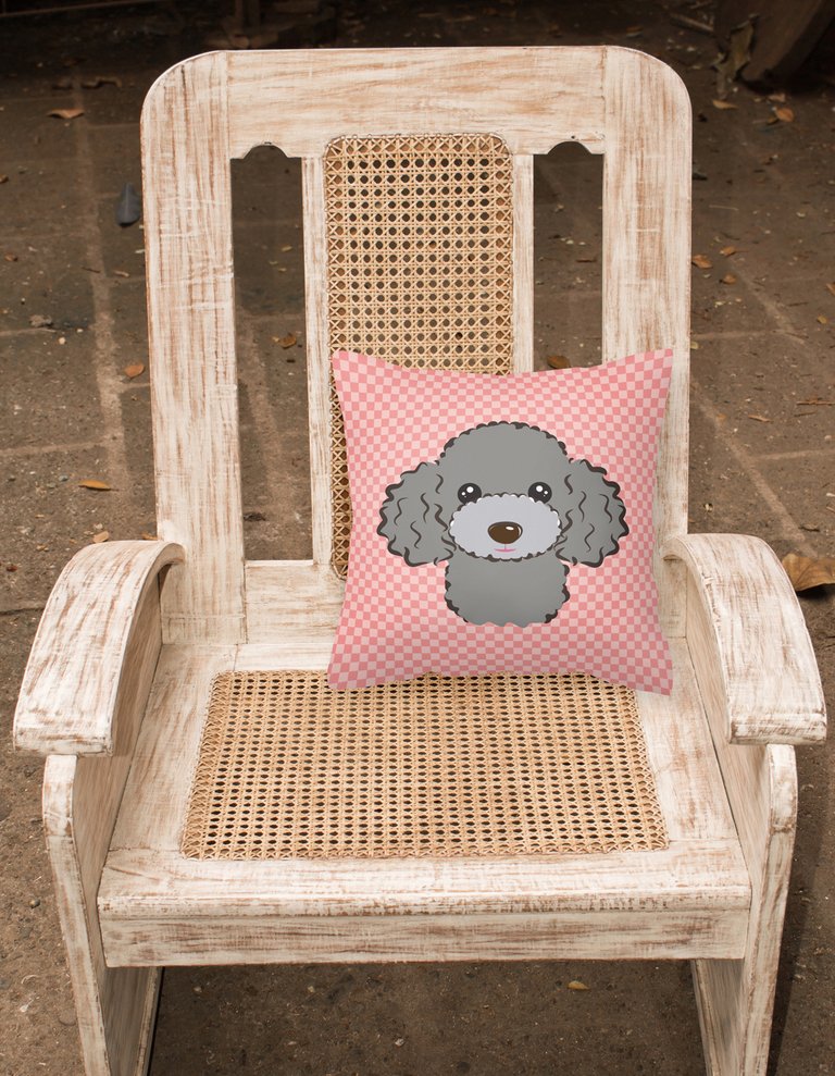 14 in x 14 in Outdoor Throw PillowCheckerboard Pink Silver Gray Poodle Fabric Decorative Pillow