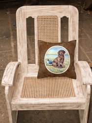 14 in x 14 in Outdoor Throw PillowChocolate Labrador Puppy   Fabric Decorative Pillow