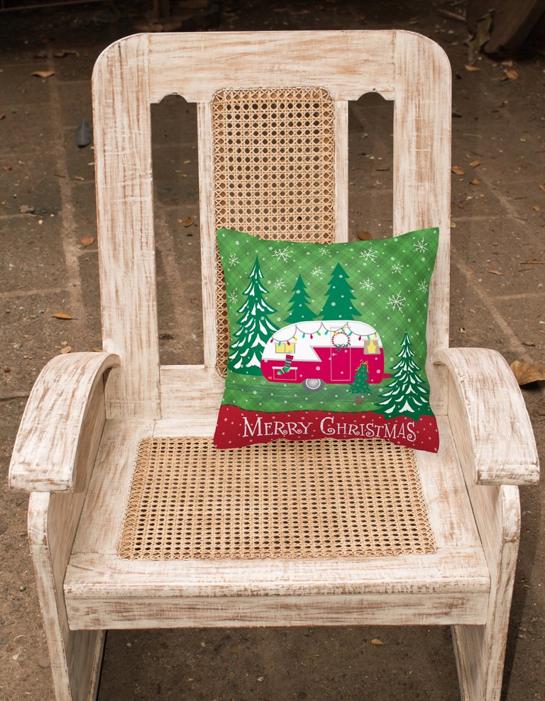 14 in x 14 in Outdoor Throw PillowChristmas Vintage Glamping Trailer Fabric Decorative Pillow