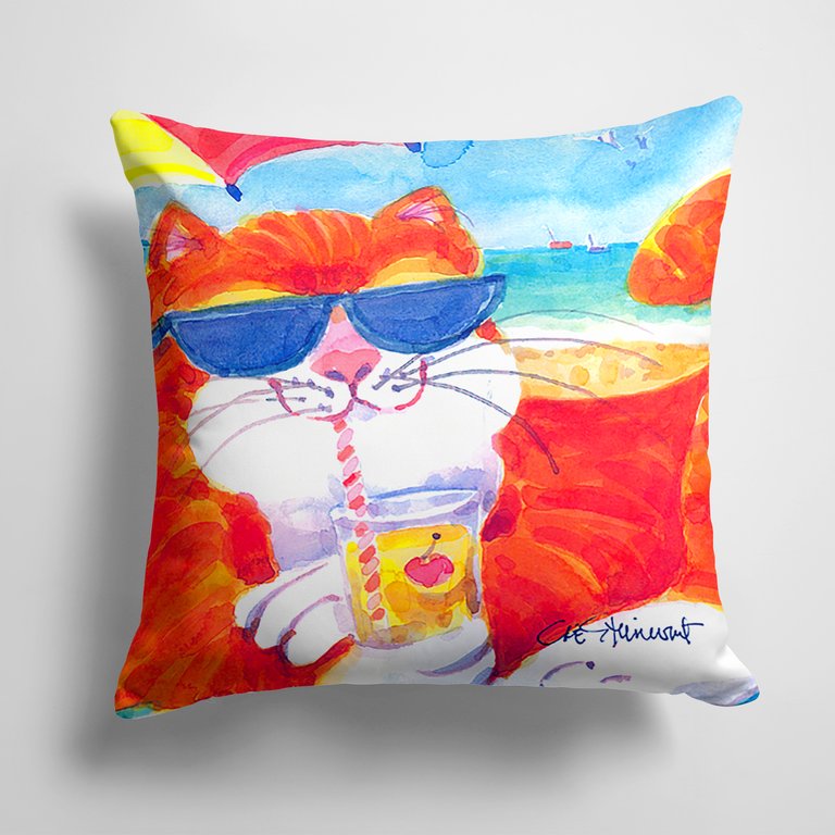 14 in x 14 in Outdoor Throw PillowCool Cat with Sunglasses at the beach Fabric Decorative Pillow