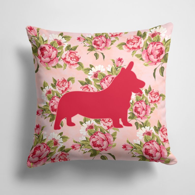 14 in x 14 in Outdoor Throw PillowCorgi Shabby Chic Pink Roses  Fabric Decorative Pillow
