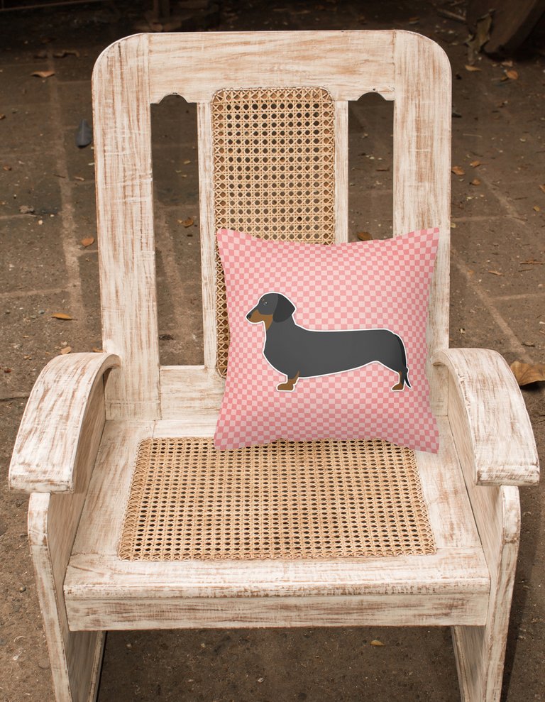 14 in x 14 in Outdoor Throw PillowDachshund Checkerboard Pink Fabric Decorative Pillow