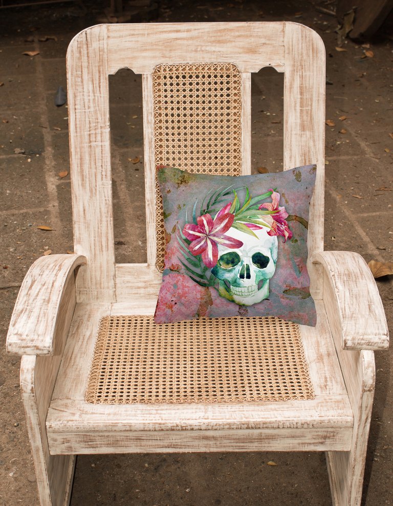 14 in x 14 in Outdoor Throw PillowDay of the Dead Skull Flowers Fabric Decorative Pillow