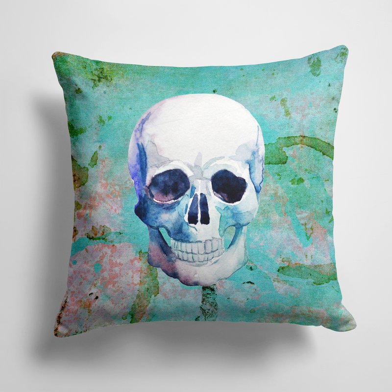 Caroline's Treasures 14 In X 14 In Outdoor Throw Pillowday Of The Dead Teal Skull Fabric Decorative Pillow In Pink