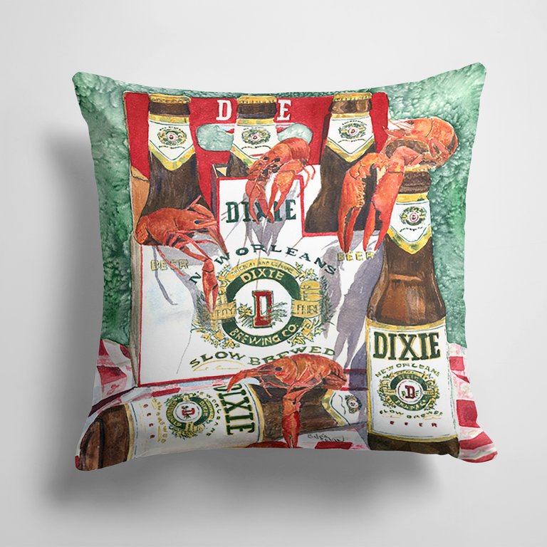 14 in x 14 in Outdoor Throw PillowDixie Beer and Crawfish New Orleans Fabric Decorative Pillow