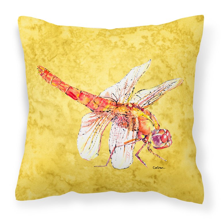 14 in x 14 in Outdoor Throw PillowDragonfly on Yellow Fabric Decorative Pillow