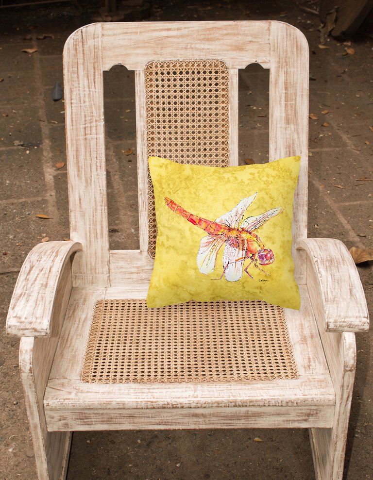 14 in x 14 in Outdoor Throw PillowDragonfly on Yellow Fabric Decorative Pillow