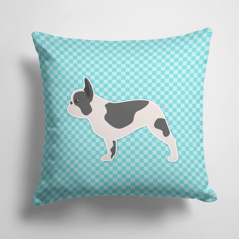 14 in x 14 in Outdoor Throw PillowFrench Bulldog Checkerboard Blue Fabric Decorative Pillow
