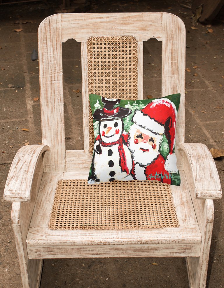 14 in x 14 in Outdoor Throw PillowFriends Snowman and Santa Claus Fabric Decorative Pillow