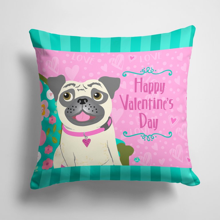 14 in x 14 in Outdoor Throw PillowHappy Valentine's Day Pug Fabric Decorative Pillow