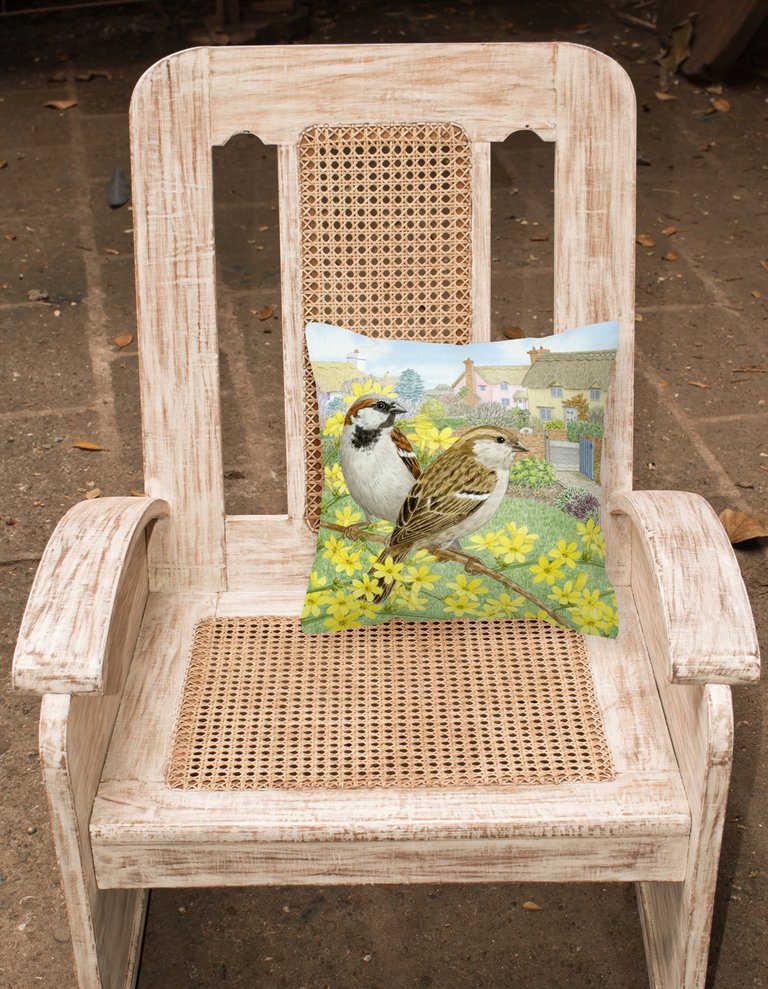 14 in x 14 in Outdoor Throw PillowHouse Sparrows by Sarah Adams Fabric Decorative Pillow