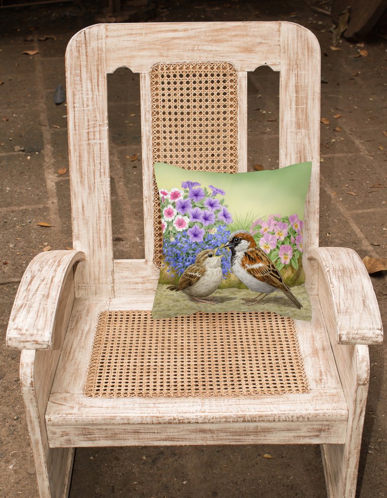 14 in x 14 in Outdoor Throw PillowHouse Sparrows Feeding Time Fabric Decorative Pillow