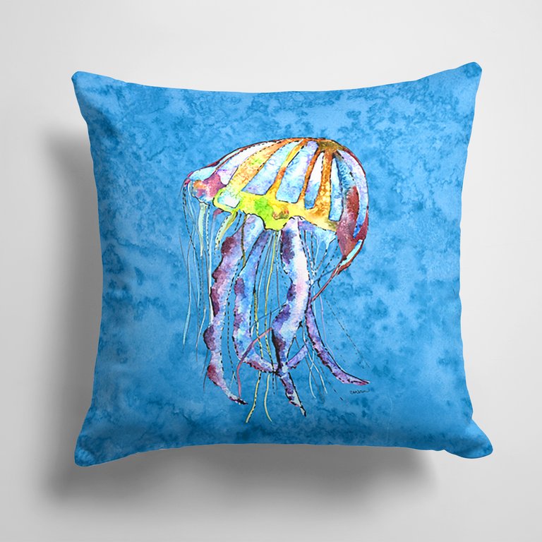 14 in x 14 in Outdoor Throw PillowJelly Fish on Blue Fabric Decorative Pillow