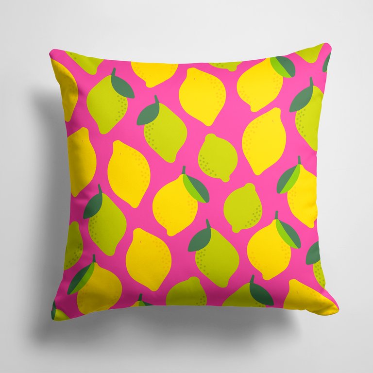 14 in x 14 in Outdoor Throw PillowLemons and Limes on Pink Fabric Decorative Pillow