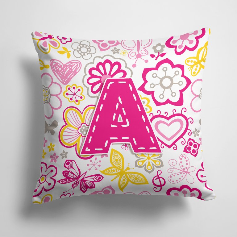 14 in x 14 in Outdoor Throw PillowLetter A Flowers and Butterflies Pink Fabric Decorative Pillow