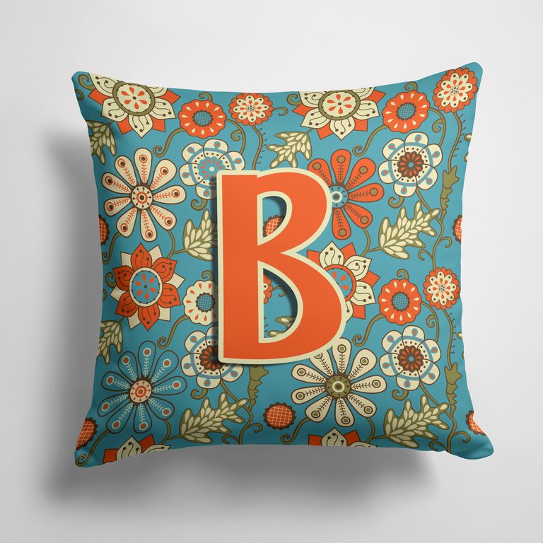14 in x 14 in Outdoor Throw PillowLetter B Flowers Retro Blue Fabric Decorative Pillow