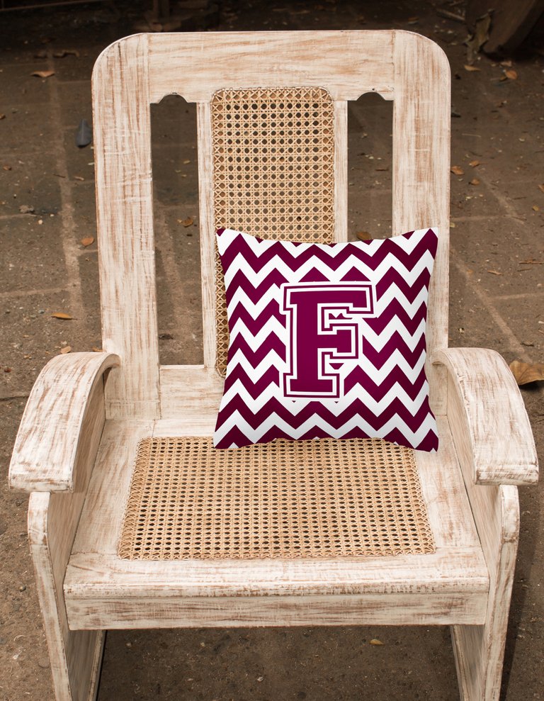 14 in x 14 in Outdoor Throw PillowLetter F Chevron Maroon and White  Fabric Decorative Pillow