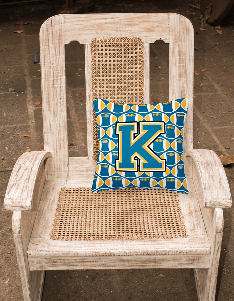 14 in x 14 in Outdoor Throw PillowLetter K Football Blue and Gold Fabric Decorative Pillow