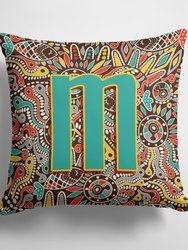 14 in x 14 in Outdoor Throw PillowLetter M Retro Tribal Alphabet Initial Fabric Decorative Pillow