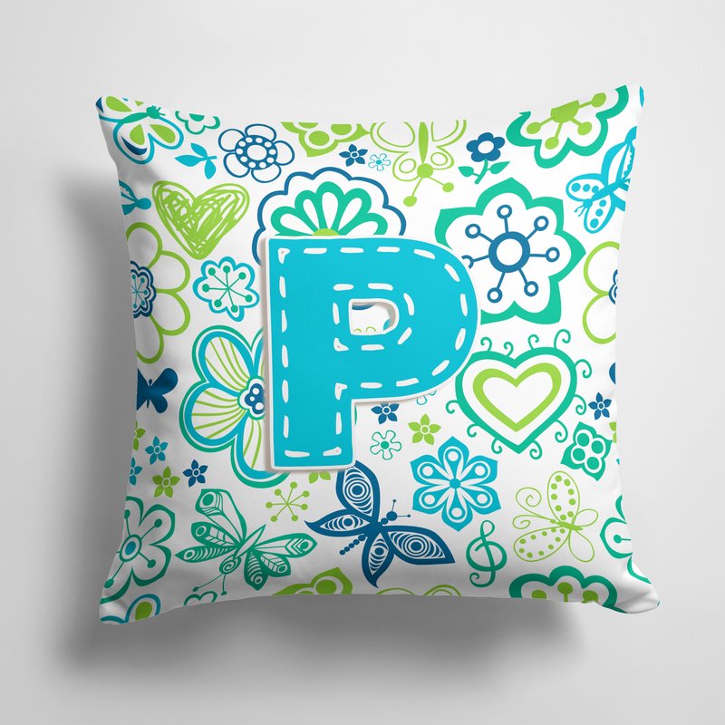 Caroline's Treasures 14 In X 14 In Outdoor Throw Pillowletter P Flowers And Butterflies Teal Blue Fabric Decorative Pillo