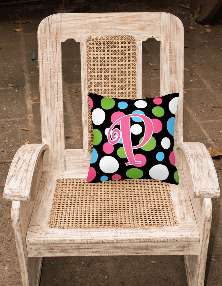 14 in x 14 in Outdoor Throw PillowLetter P Initial Monogram - Polkadots and Pink Fabric Decorative Pillow