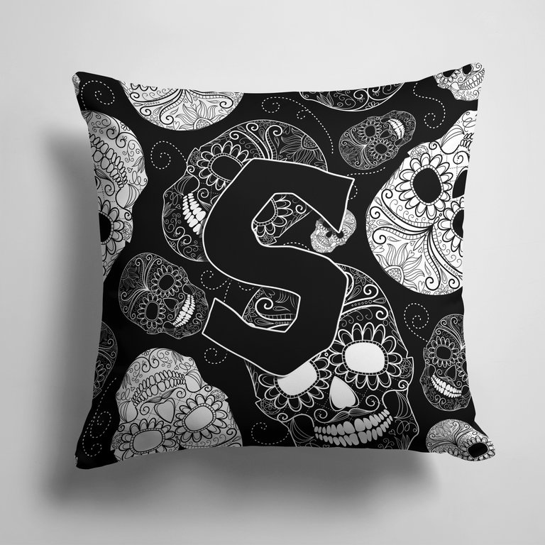 14 in x 14 in Outdoor Throw PillowLetter S Day of the Dead Skulls Black Fabric Decorative Pillow