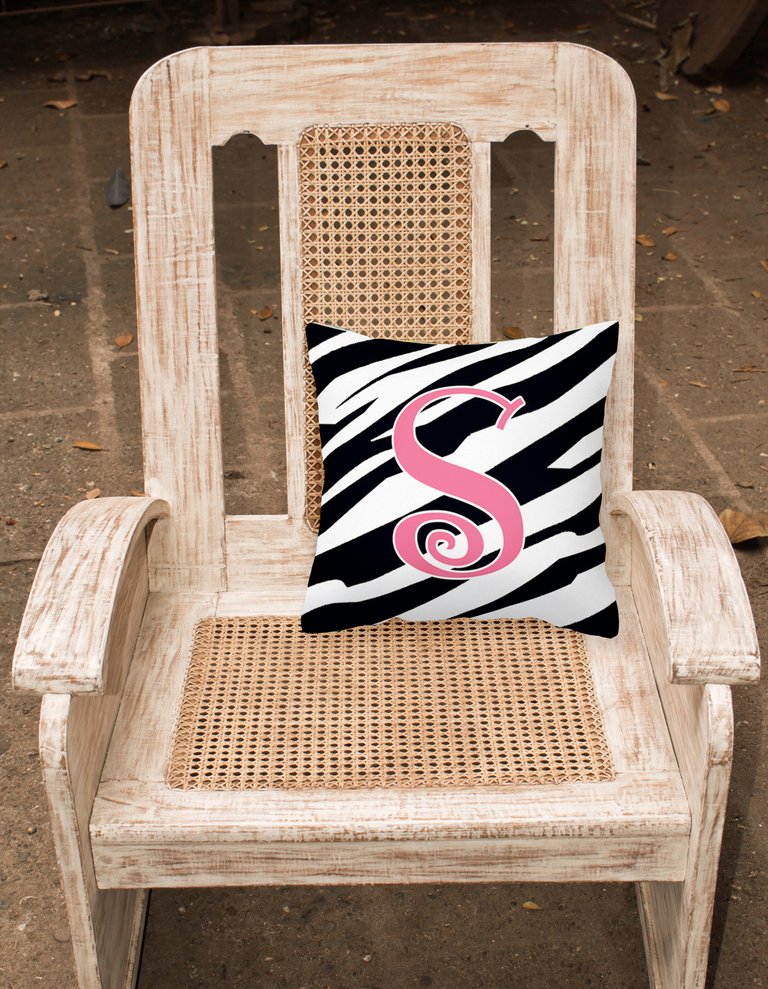 14 in x 14 in Outdoor Throw PillowLetter S Initial Zebra Stripe and Pink Fabric Decorative Pillow