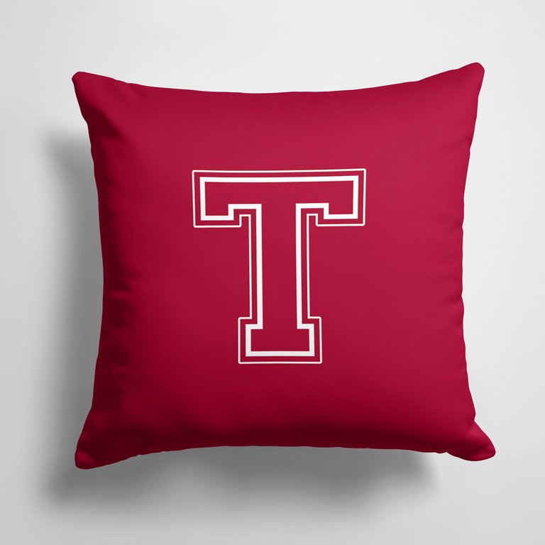 14 in x 14 in Outdoor Throw PillowLetter T Initial Monogram - Maroon and White Fabric Decorative Pillow