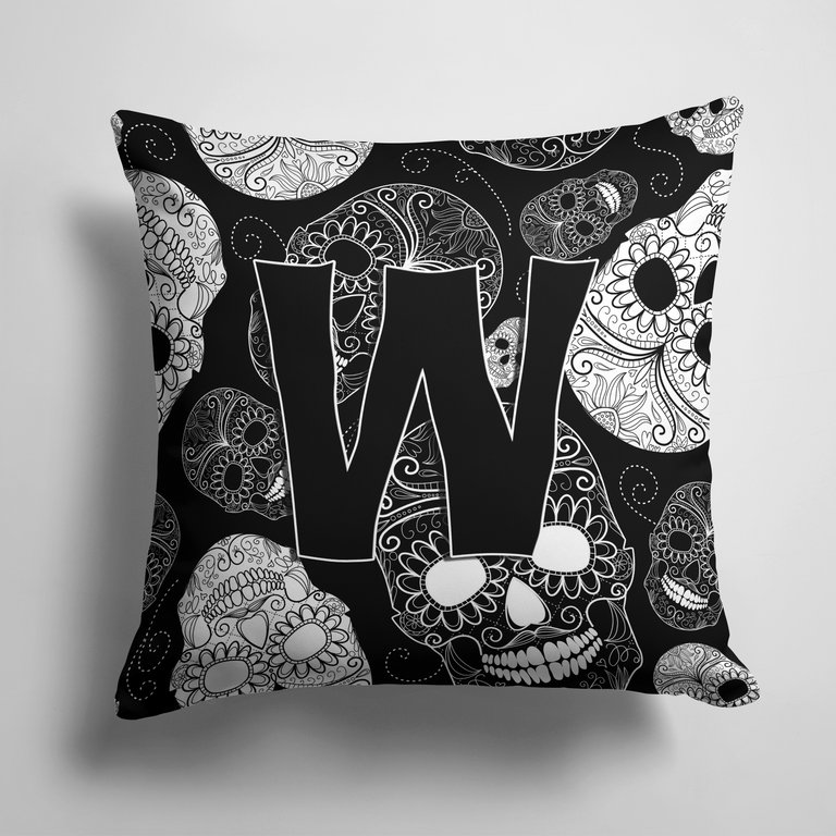 14 in x 14 in Outdoor Throw PillowLetter W Day of the Dead Skulls Black Fabric Decorative Pillow