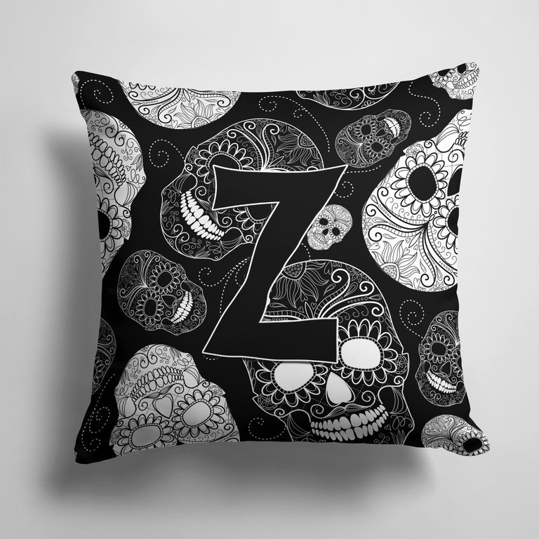 14 in x 14 in Outdoor Throw PillowLetter Z Day of the Dead Skulls Black Fabric Decorative Pillow
