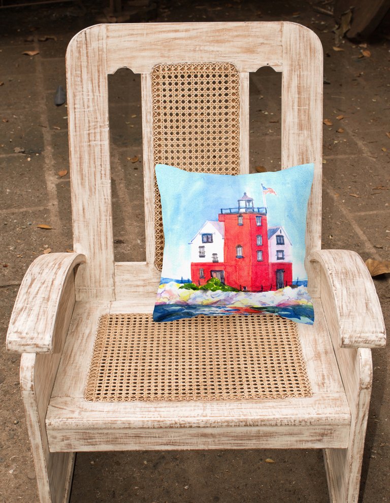 14 in x 14 in Outdoor Throw PillowLighthouse on the rocks Harbour Fabric Decorative Pillow