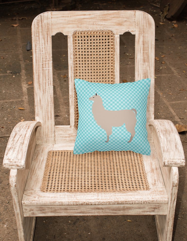 14 in x 14 in Outdoor Throw PillowLlama Blue Check Fabric Decorative Pillow