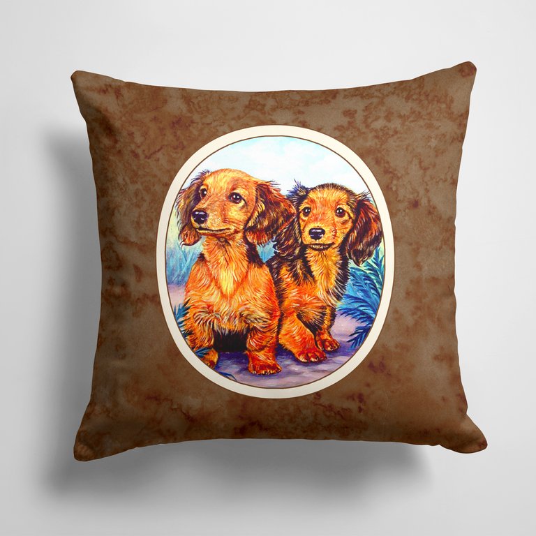 14 in x 14 in Outdoor Throw PillowLong Hair Red Dachshund Two Peas Fabric Decorative Pillow