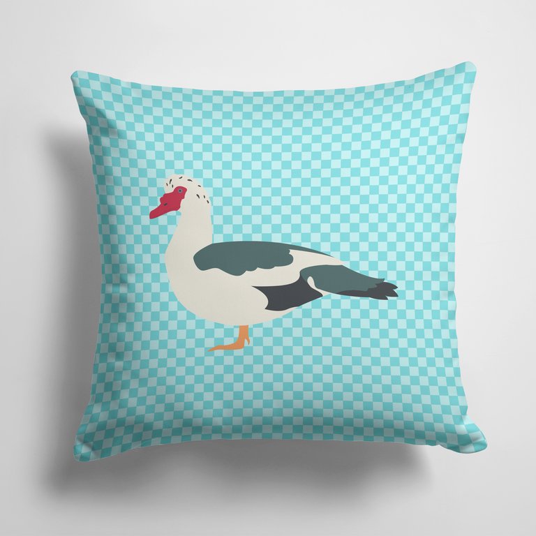 14 in x 14 in Outdoor Throw PillowMuscovy Duck Blue Check Fabric Decorative Pillow