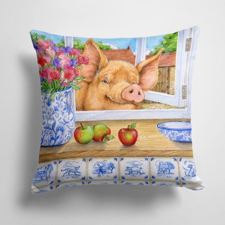 14 in x 14 in Outdoor Throw PillowPig trying to reach the Apple in the Window  Fabric Decorative Pillow