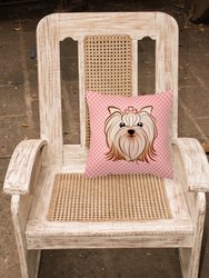 14 in x 14 in Outdoor Throw PillowPink Checkered Yorkie / Yorkshire Terrier Fabric Decorative Pillow