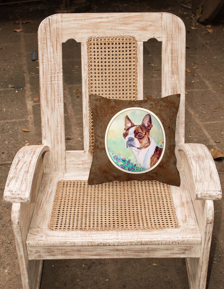 14 in x 14 in Outdoor Throw PillowRed and White Boston Terrier  Fabric Decorative Pillow