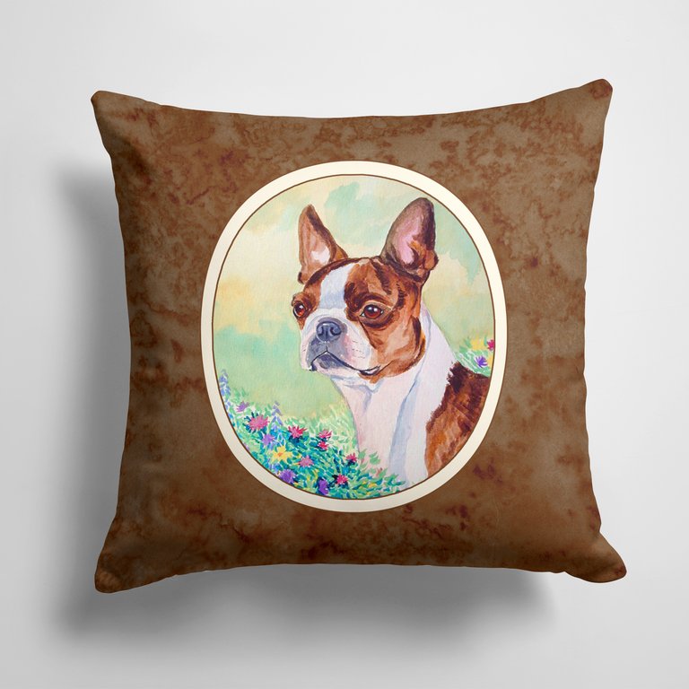 14 in x 14 in Outdoor Throw PillowRed and White Boston Terrier  Fabric Decorative Pillow