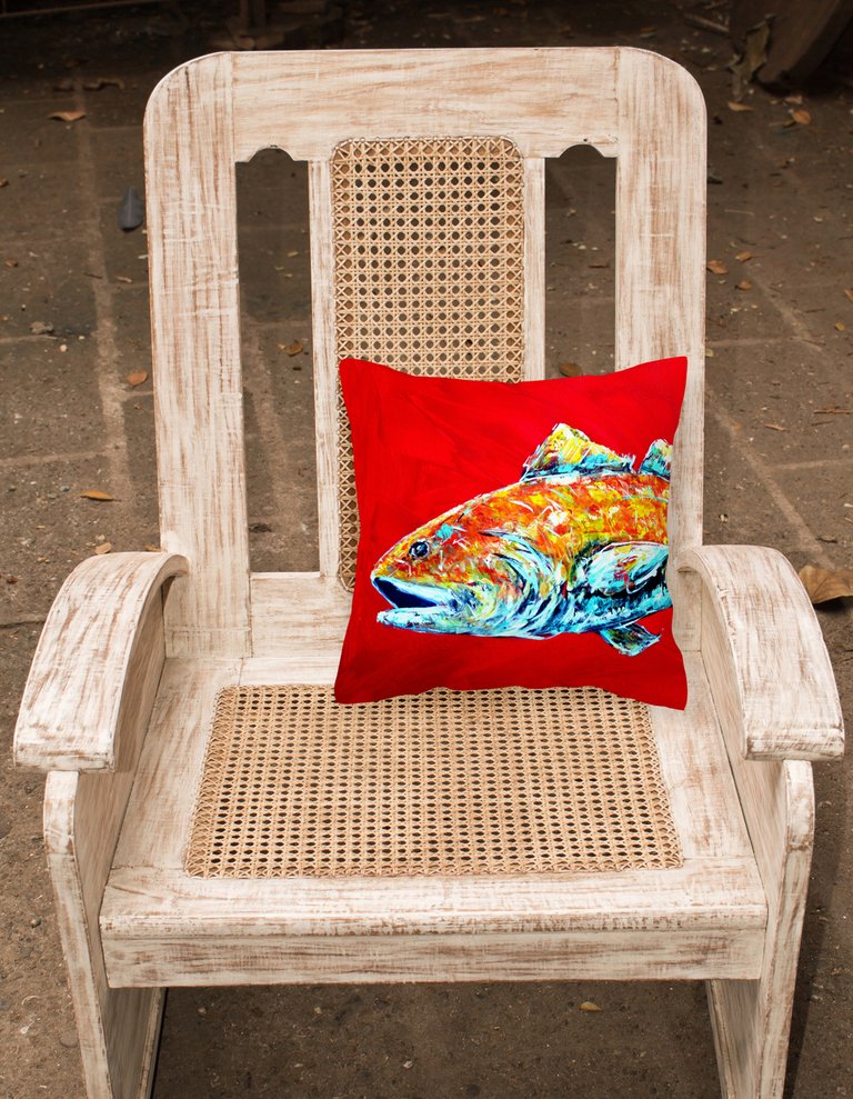 14 in x 14 in Outdoor Throw PillowRed Fish Alphonzo Head Fabric Decorative Pillow