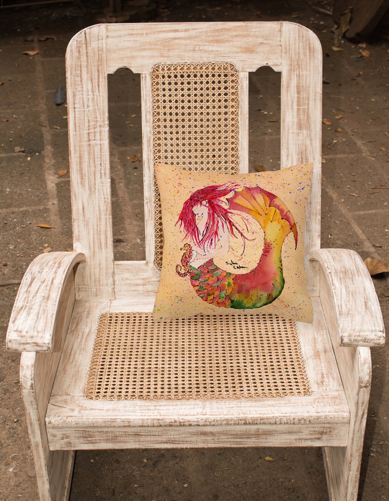 14 in x 14 in Outdoor Throw PillowRed Headed Ginger Mermaid on Coral Fabric Decorative Pillow