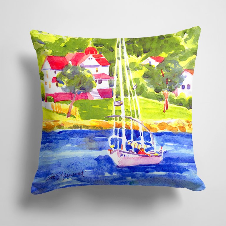14 in x 14 in Outdoor Throw PillowSailboat on the lake Fabric Decorative Pillow