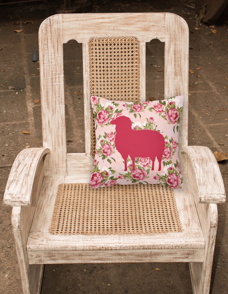 14 in x 14 in Outdoor Throw PillowSheep Shabby Chic Pink Roses  Fabric Decorative Pillow