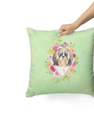 14 in x 14 in Outdoor Throw PillowShih Tzu Green Flowers Fabric Decorative Pillow