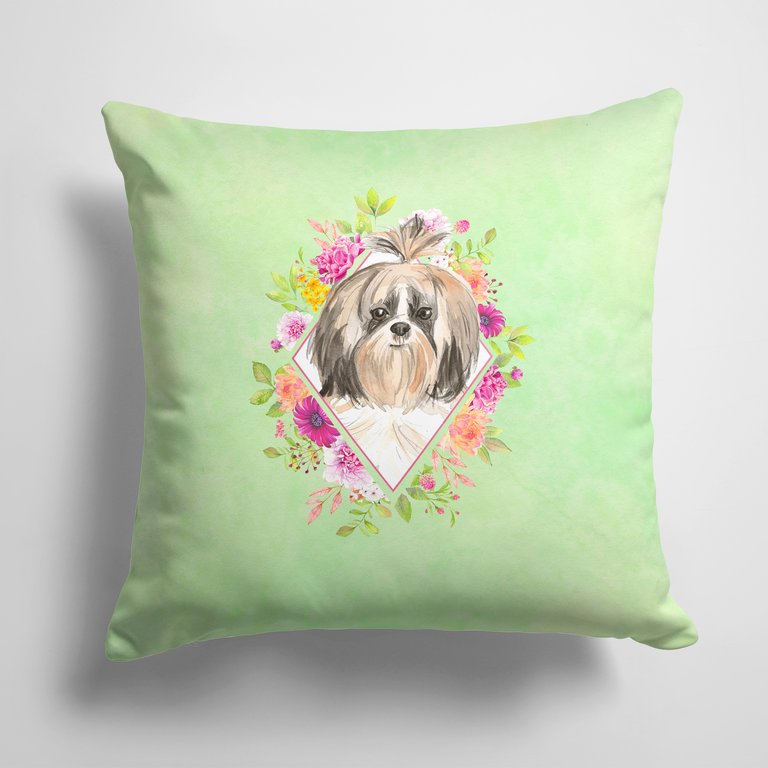 14 in x 14 in Outdoor Throw PillowShih Tzu Green Flowers Fabric Decorative Pillow