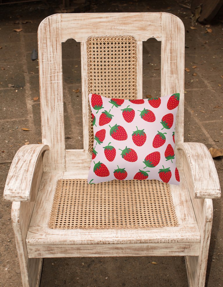 14 in x 14 in Outdoor Throw PillowStrawberries on Pink Fabric Decorative Pillow