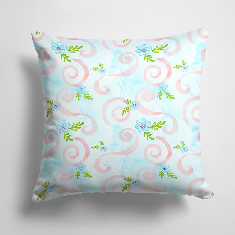14 in x 14 in Outdoor Throw PillowWatercolor Blue Flowers and Swirls Fabric Decorative Pillow