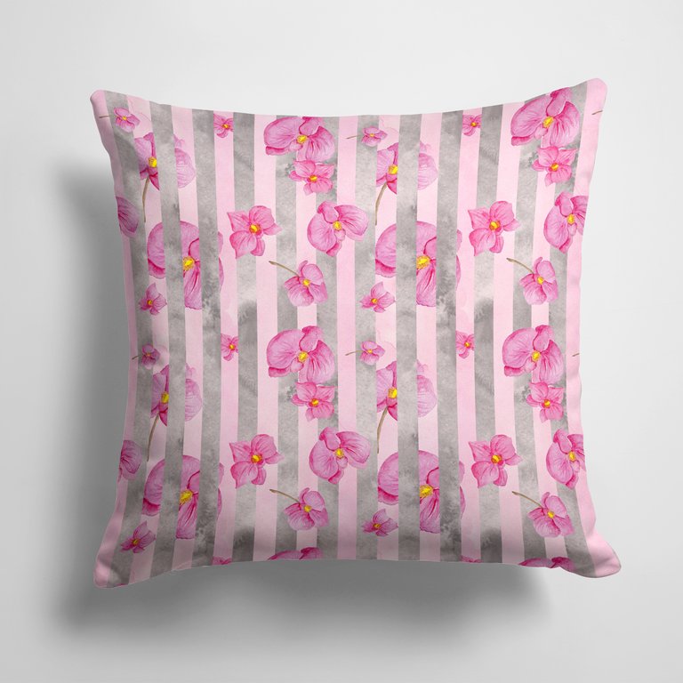 14 in x 14 in Outdoor Throw PillowWatercolor Pink Flowers Grey Stripes Fabric Decorative Pillow