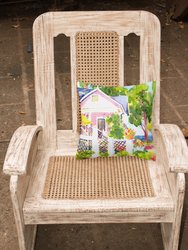 14 in x 14 in Outdoor Throw PillowWhite Cottage at the beach Fabric Decorative Pillow