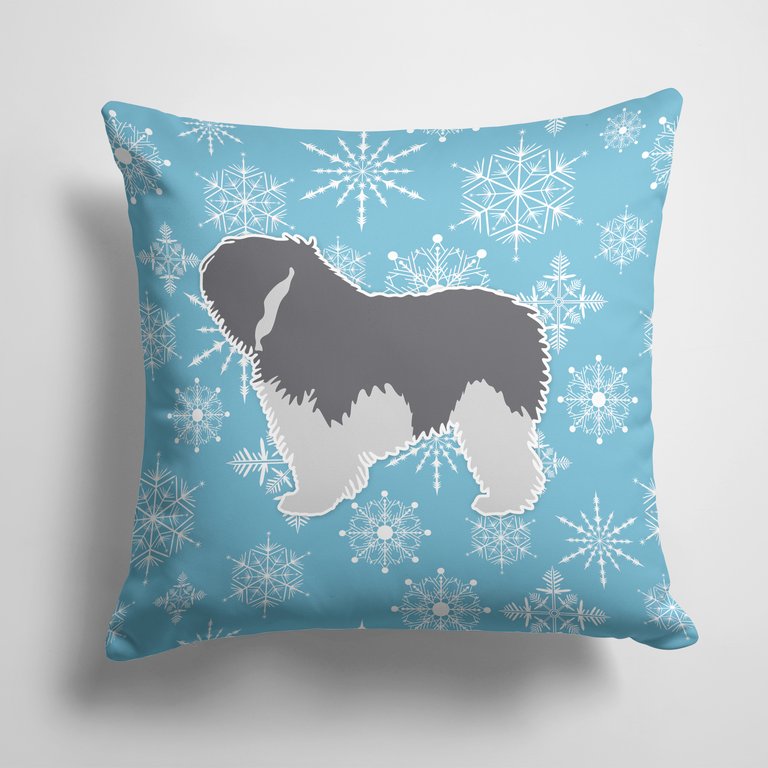 14 in x 14 in Outdoor Throw PillowWinter Snowflake Polish Lowland Sheepdog Dog Fabric Decorative Pillow